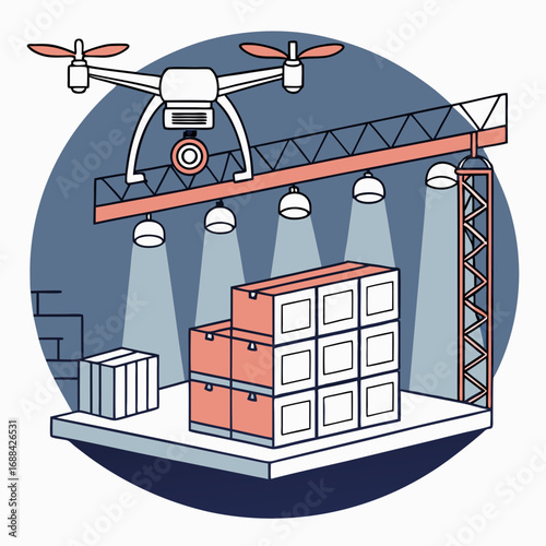 Drone Delivering Packages at Nighttime Construction Site