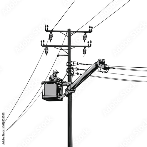 Lineman in Bucket Truck Working on Power Lines utility worker