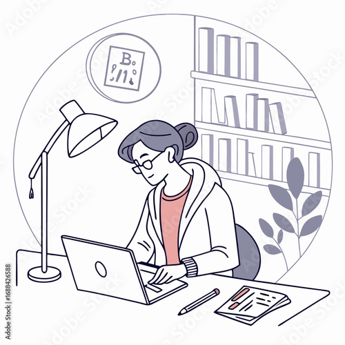 Elderly Woman Working on Laptop at Home Office
