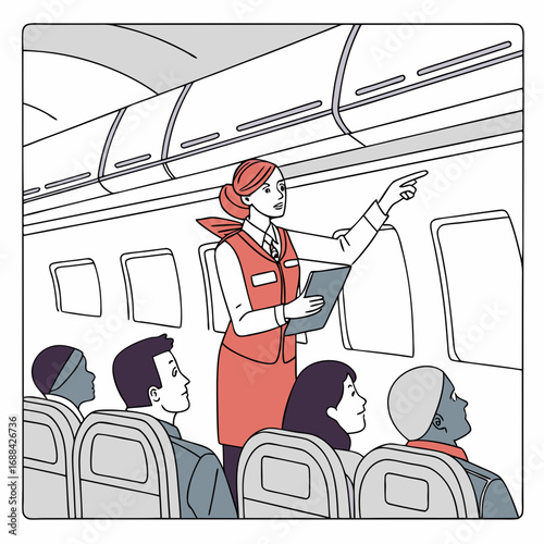 Flight Attendant Giving Instructions to Passengers on Airplane