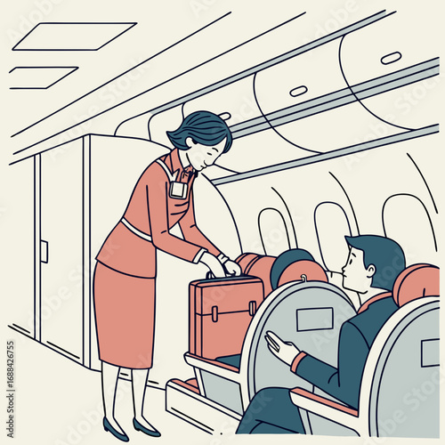 Flight Attendant Assisting Passenger with Luggage on Airplane