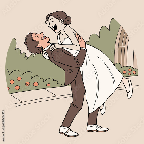 Happy Couple Illustration: Joyful Newlyweds Embracing Outdoors