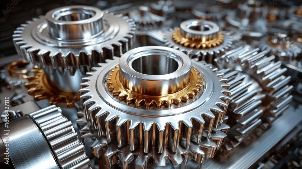 Fototapeta premium Numerous metallic gears interlocked and arranged in a precise manner highlight the complexity of machinery