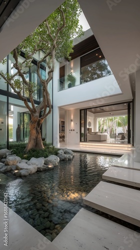 double height courtyard interior, modern, luxury architecture, water body and landscaping in entry foyer of home with garden