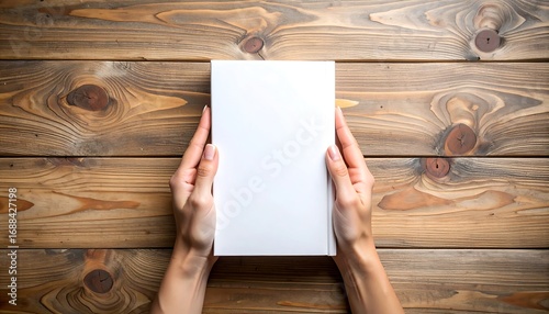 A blank white book held by hands, on a wooden table