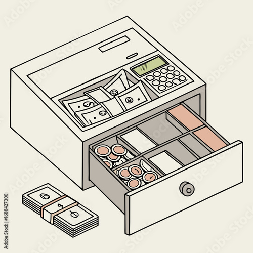 Isometric Illustration of a Cash Register with Open Drawer Showing Cash and Coins