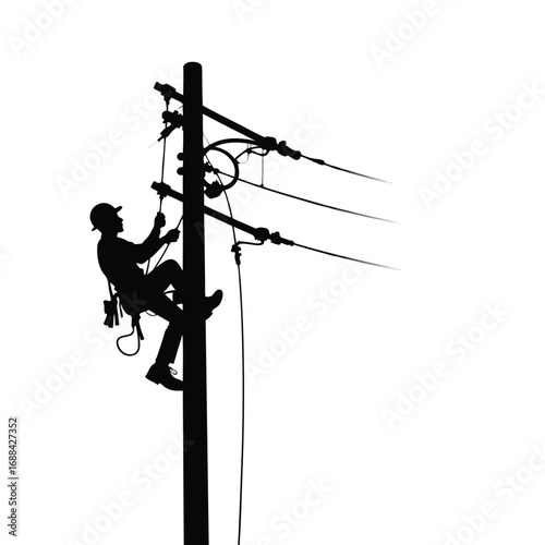 Lineman silhouette climbing utility pole working on wires