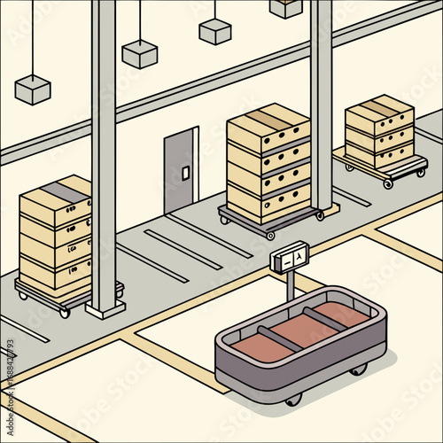 Isometric Illustration of Warehouse Interior with Cardboard Boxes on Carts