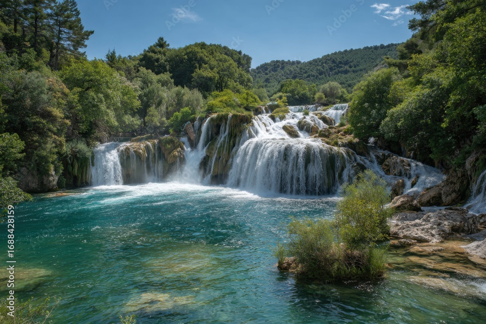 Fototapeta premium Serene waterfall cascading into turquoise pool, lush greenery surrounds