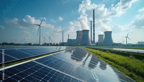 Power plant with solar panels, wind turbines alongside industrial cooling towers emitting steam under blue sky. This scene contrasts renewable energy sources with traditional fossil fuel generation.