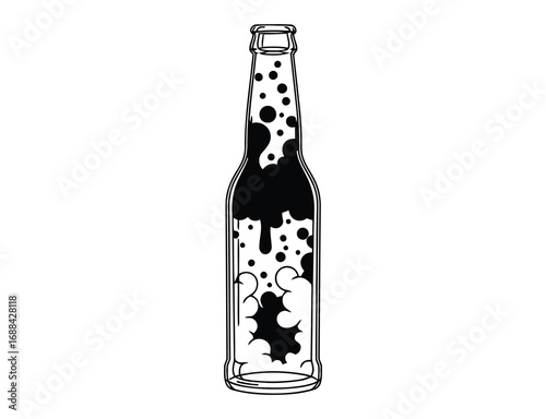 Illustration of a beer bottle with foam and bubbles on a blue background