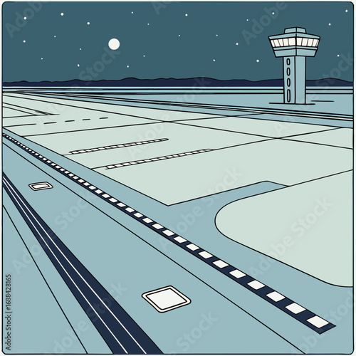 Night Airport Runway with Control Tower Illustration