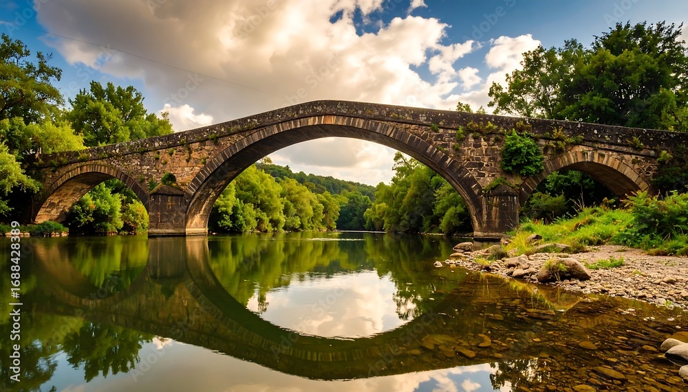 Fototapeta premium An ancient stone bridge gracefully arches over a serene river reflecting the puffy clouds. 