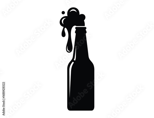 Beer bottle with overflowing foam in black and white