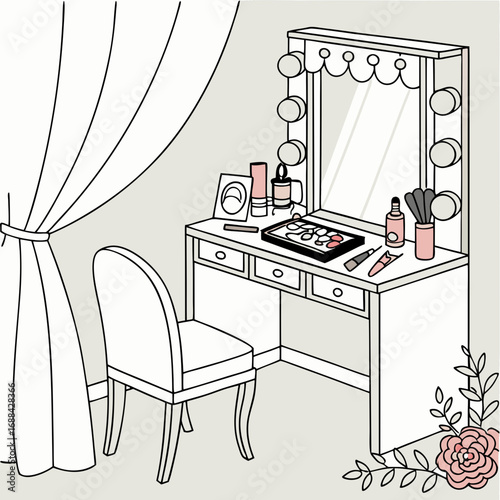 Pastel Vanity with Makeup and Flowers Illustration