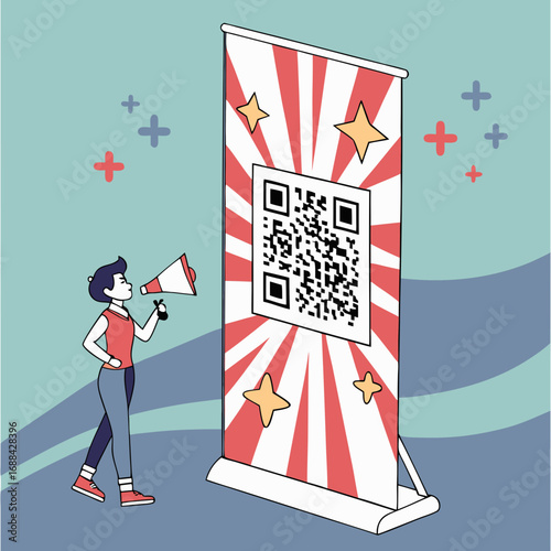 Person Announcing QR Code on a Red and White Banner