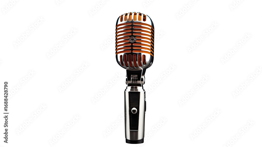 Fototapeta premium Shiny vintage microphone illustration tilted slightly retro style music mic clipart on white background