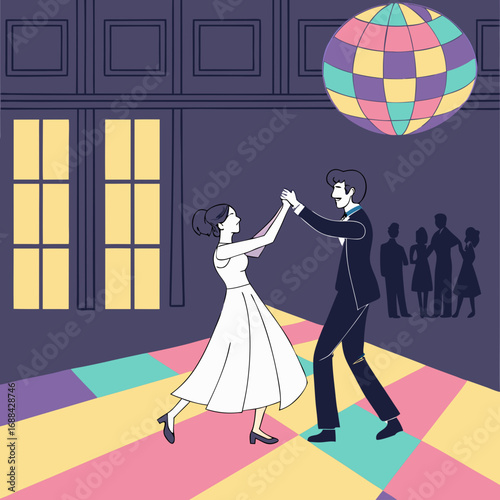 Retro Couple Ballroom Dancing Under Disco Ball