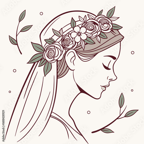 Serene Profile Portrait of a Bride with Floral Crown and Veil