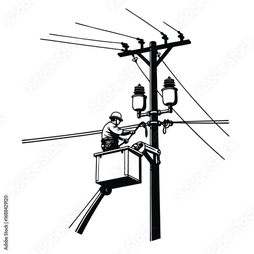 Lineman working on power lines from bucket truck electrician