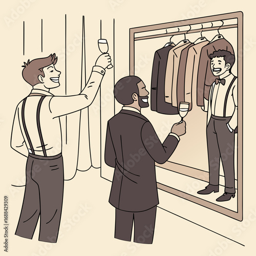 Two Men Getting Ready for a Formal Event, Toasting in Front of a Mirror with Suits