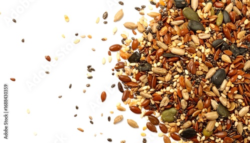 A colorful mix of seeds spills over a white background