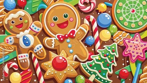 Baked holiday gingerbread cookies, a sweet Christmas dessert decorated with icing and a gingerbread man, vector isolated