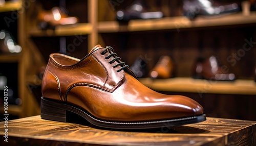 Polished brown leather oxford on display