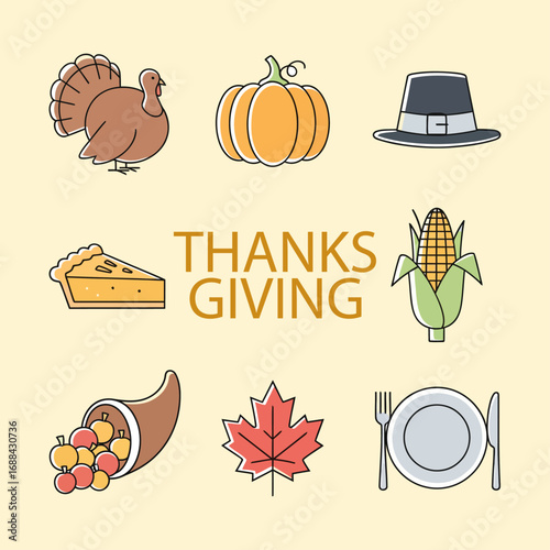 This cheerful graphic features a collection of simple, outlined Thanksgiving icons, including a turkey, pumpkin, pilgrim hat, pie, corn, cornucopia, maple leaf, and plate with cutlery.