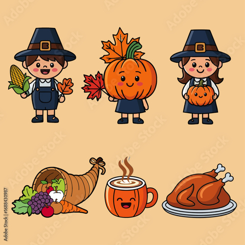 A cheerful, cartoon-style illustration depicting Thanksgiving characters.