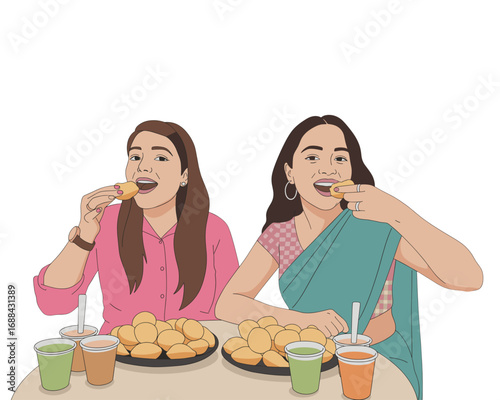 Two Indian Women Enjoying Traditional Street Food Pani Puri in Saree and Kurta – Authentic Indian Chaat, Friendship, and Cultural Celebration