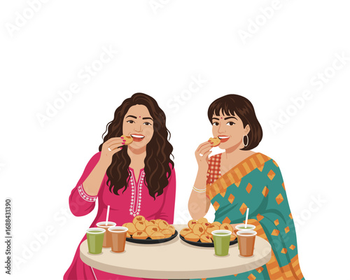 Two Indian Women Enjoying Traditional Street Food Pani Puri in Saree and Kurta – Authentic Indian Chaat, Friendship, and Cultural Celebration