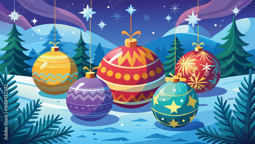 Shiny red and gold Christmas baubles hang from a snow-dusted fir tree branch, celebrating the festive holiday season