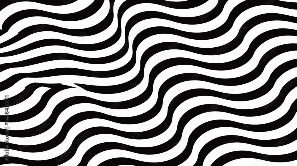 Obraz premium Dynamic black and white wavy stripes create a mesmerizing optical illusion, perfect for modern design and abstract backgrounds.