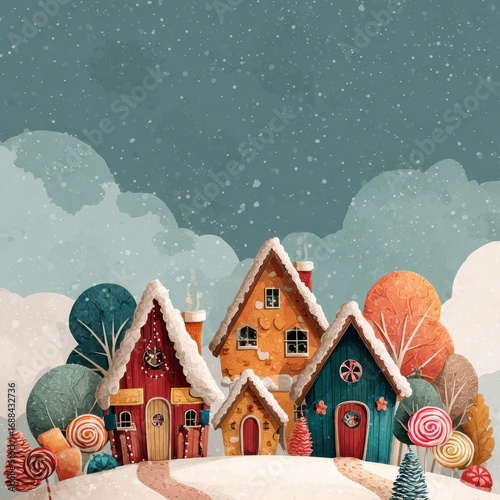 Colorful winter houses with candy accents under a snowy sky in a whimsical village scene