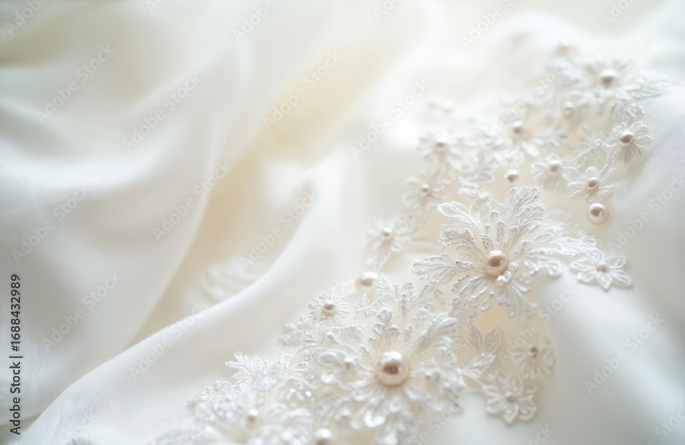 Fototapeta premium Close-up of white silk fabric with delicate lace embroidery, pearl accents, featuring airy folds, gentle curves. Luxurious bridal material offers elegant, clean texture perfect for wedding attire