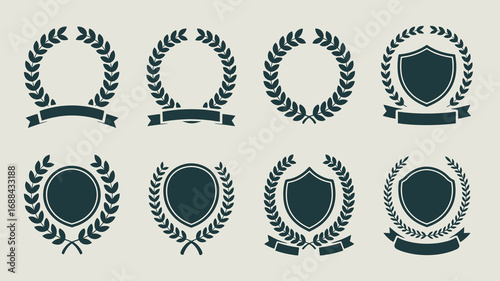Award winning laurel wreath and shield emblems for achievement recognition, sports, and business success celebration graphics