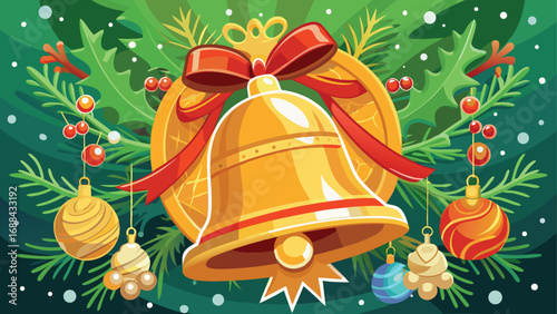 Shiny golden Christmas bells with a red ribbon bow ornament, a festive decoration for the holiday season
