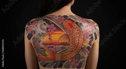 Detailed Colorful Japanese Style Koi Fish and Cherry Blossom Tattoo Art