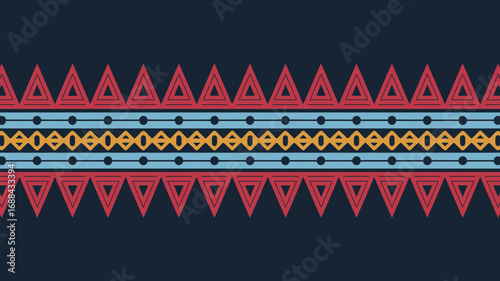Vibrant geometric tribal pattern border with red triangles and blue stripes, perfect for modern ethnic textile design projects