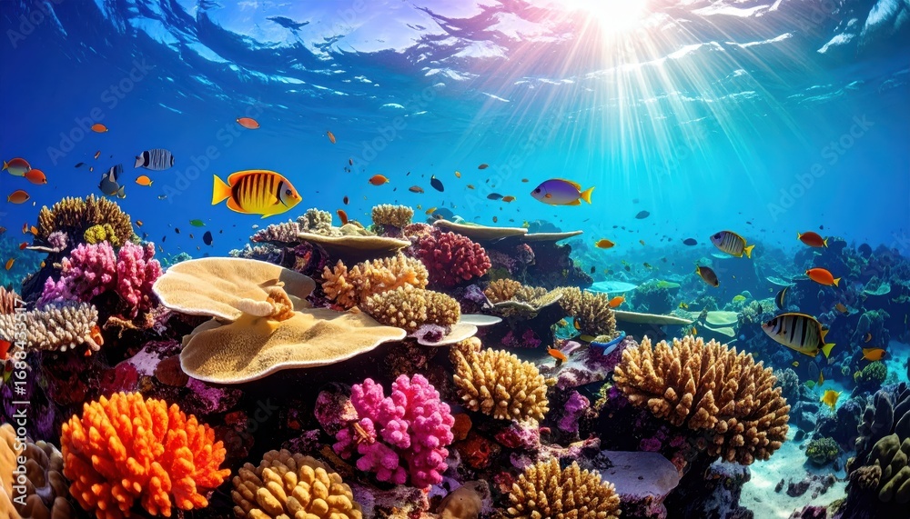 Obraz premium Vibrant coral reef teeming with colorful fish in a sunlit underwater scene.