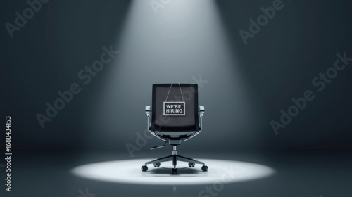 Empty office chair spotlighted with we're hiring sign seeking new employee
