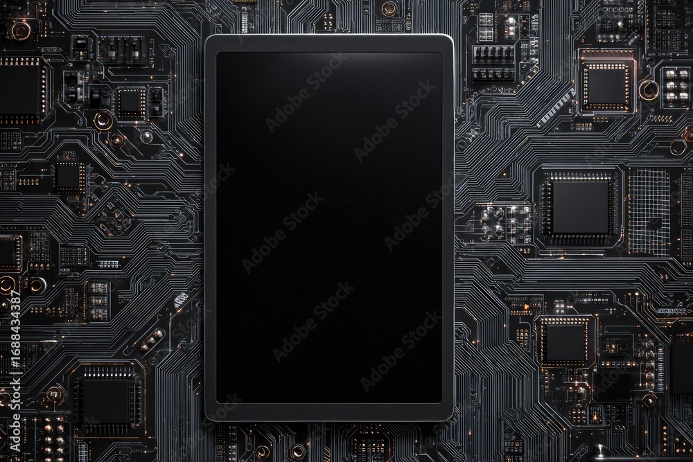 Fototapeta premium A dark tablet rests atop a complex, dark-grey circuit board, its screen black and blank, surrounded by intricate electronic components