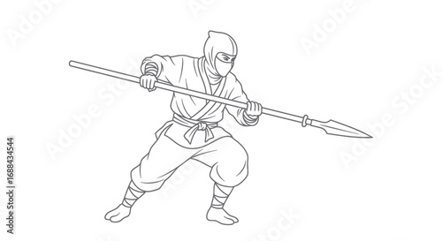 Line Drawing of a Ninja Warrior with a Spear.