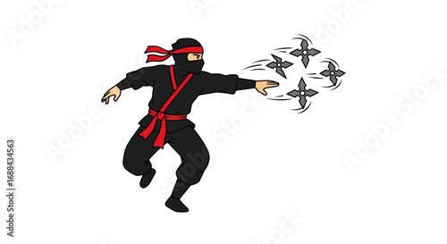 Dynamic illustration of a Japanese ninja warrior in a black suit and red sash throwing shuriken stars.