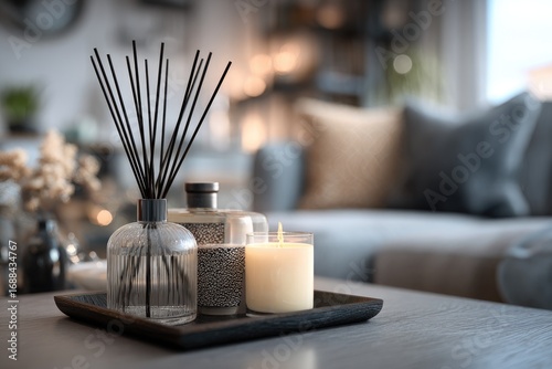A dark wood tray holds a reed diffuser, textured glass bottle, and a burning cream-colored candle on a gray coffee table; a blurred sofa and d?cor are in the background