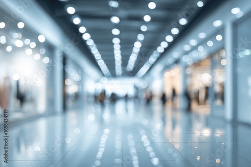 Blurry view of an indoor corridor with stores. Soft focus creates abstract patterns of light and shapes. Glossy floor reflects the ambient light and the corridor