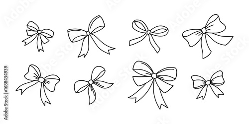 Hand-drawn black outline bows set on white background. Cute and simple decorative vector elements for gifts and design projects. Doodle bows with ribbons set.