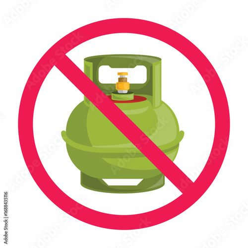 No lpg gas cylinder sign, forbidden cooking gas bottle sign, gas cylinder prohibited symbol, lpg tank prohibition sign, red crossed circle icon, flat vector illustration