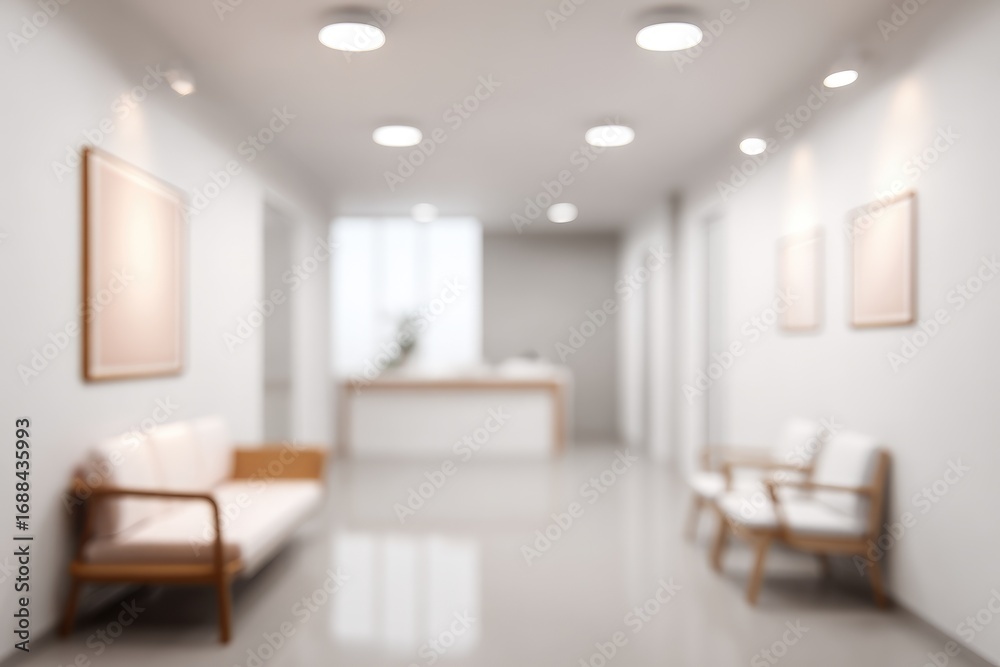 Fototapeta premium A blurred view down a bright, minimalist hallway with seating. Lights illuminate the space. Soft, warm colors create a soothing, professional atmosphere